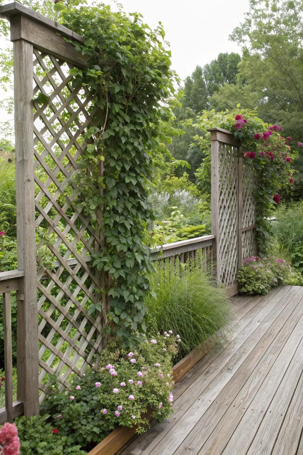 Decorative grids enhanced with vibrant trailing plants.