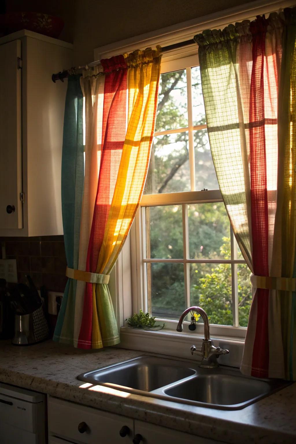 Delightful half curtains introduce a dash of color and warmth into the kitchen area.