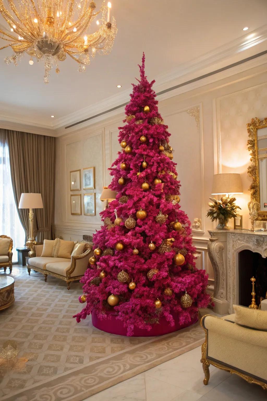 A radiant fuchsia tree that shines with gold details.