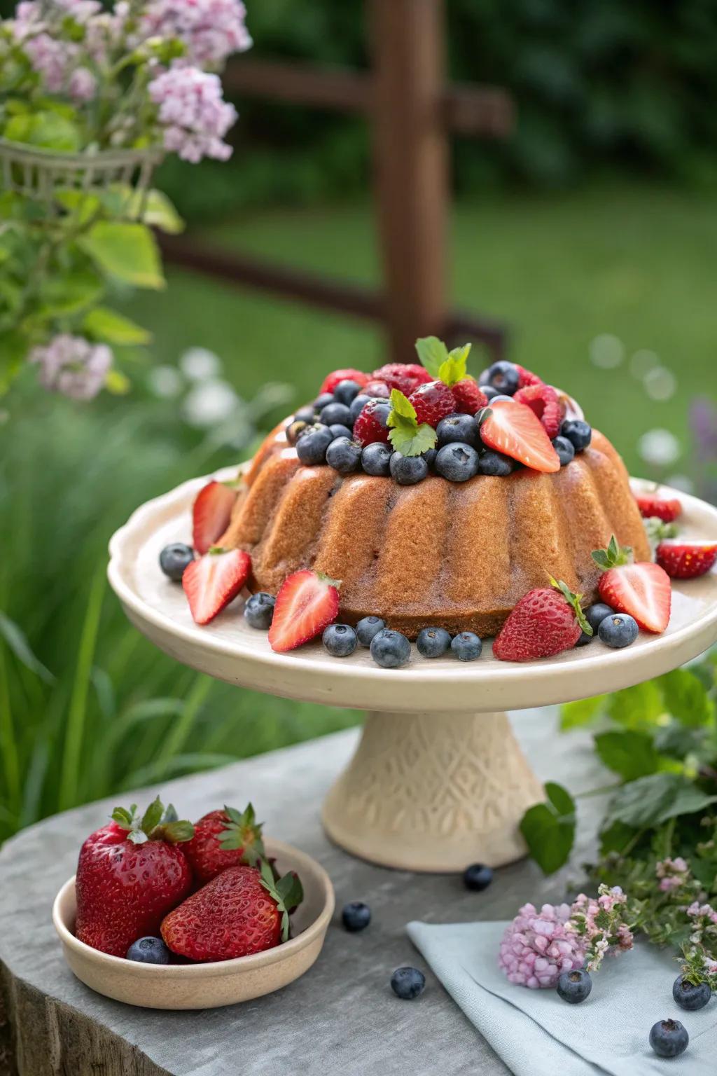 A bundt cake decorated with fresh strawberries and blueberries.