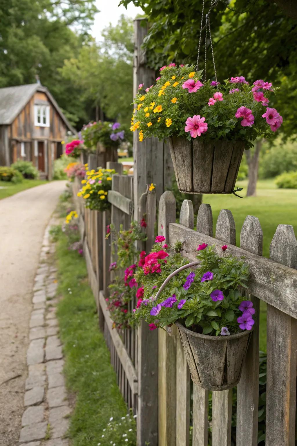 Planters bring a refreshing burst of color and vitality to any fence.