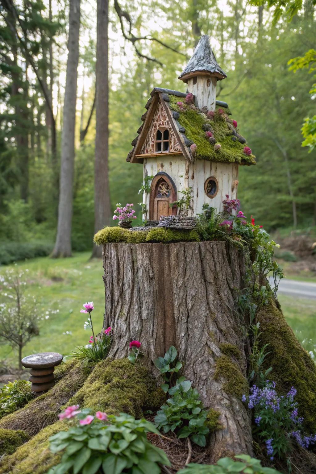 Infuse your garden with magic using a fairy house nestled on a tree stump.