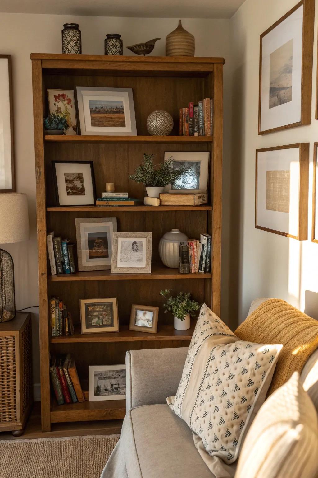 Layered picture frames on shelves give dimension and charm to a living area.
