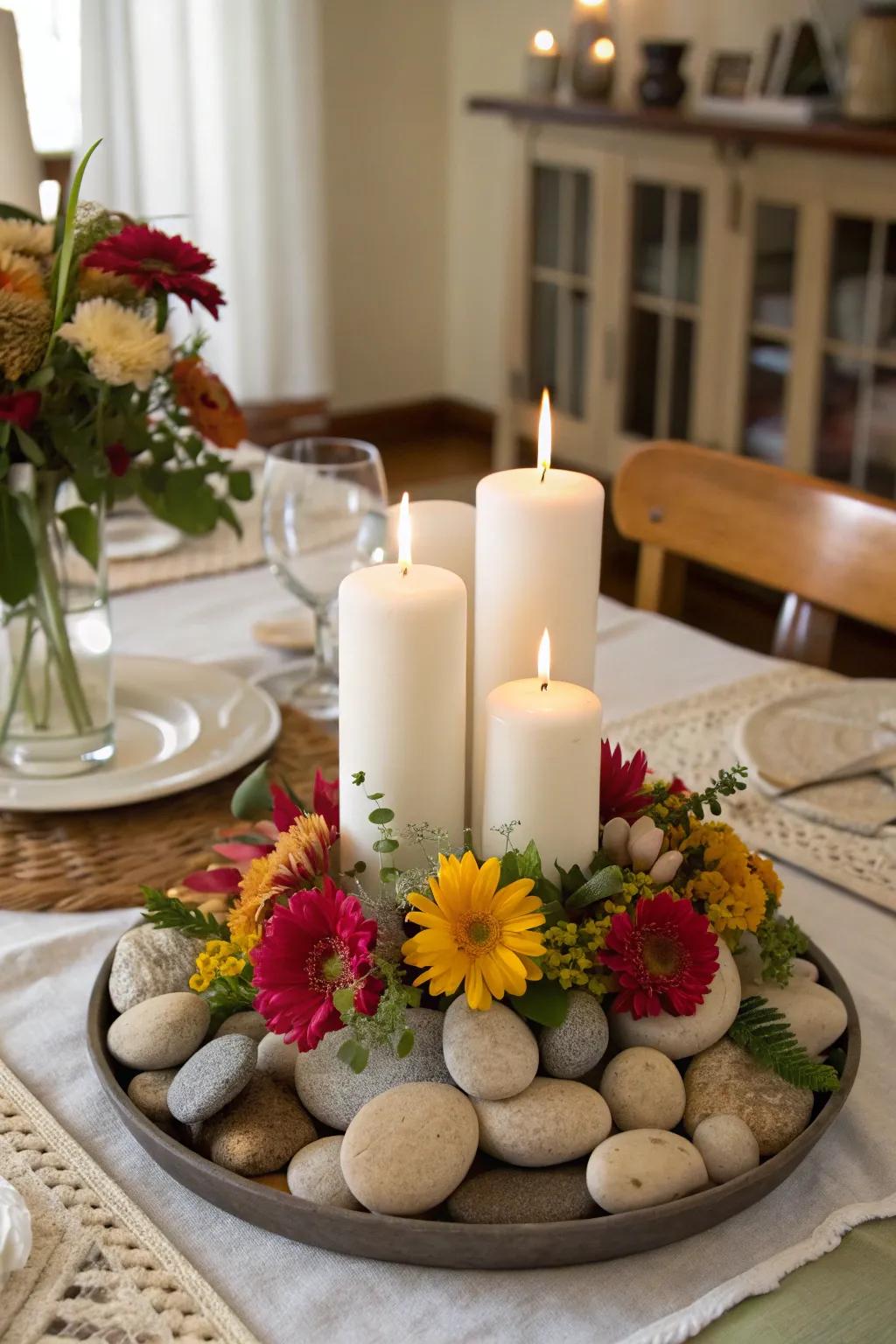 Form a natural centerpiece using stones for a stunning breakfast table.