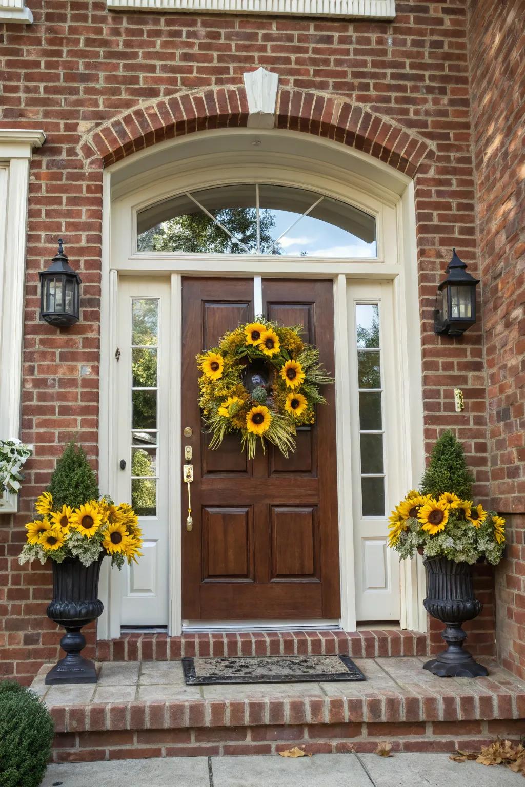 A sunflower wreath introduces a friendly element to any entrance.