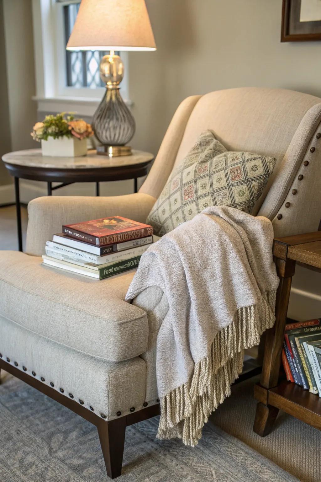 A comfortable reading spot is ideal for relaxation.