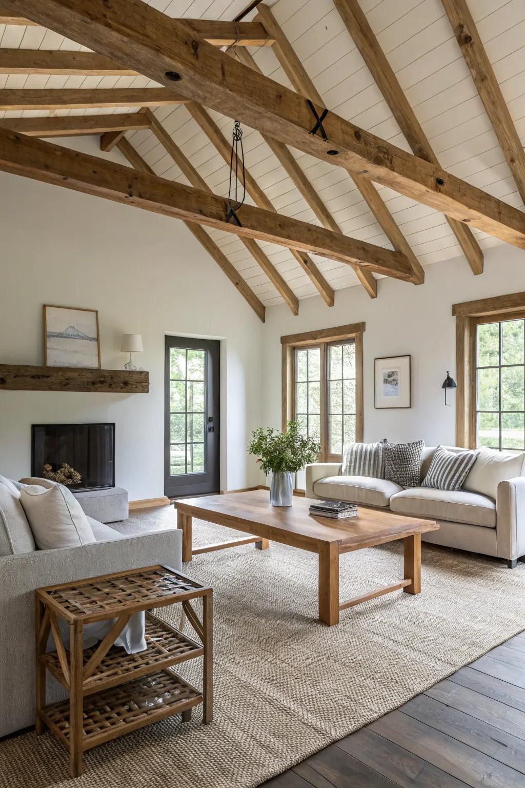 Modern farmhouse style is achieved with a mix of traditional beams and sleek decor.