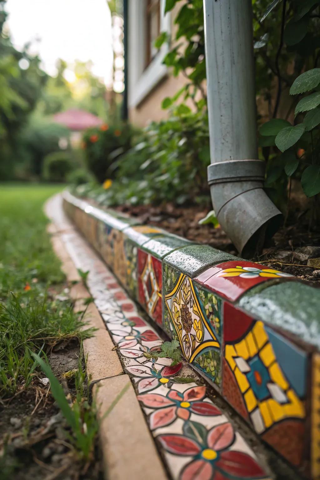 Mosaic tiles bring a vivid accent to your downspout zone.