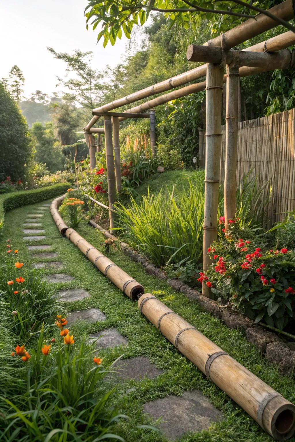 Bamboo pipe covers for a countryside garden atmosphere.