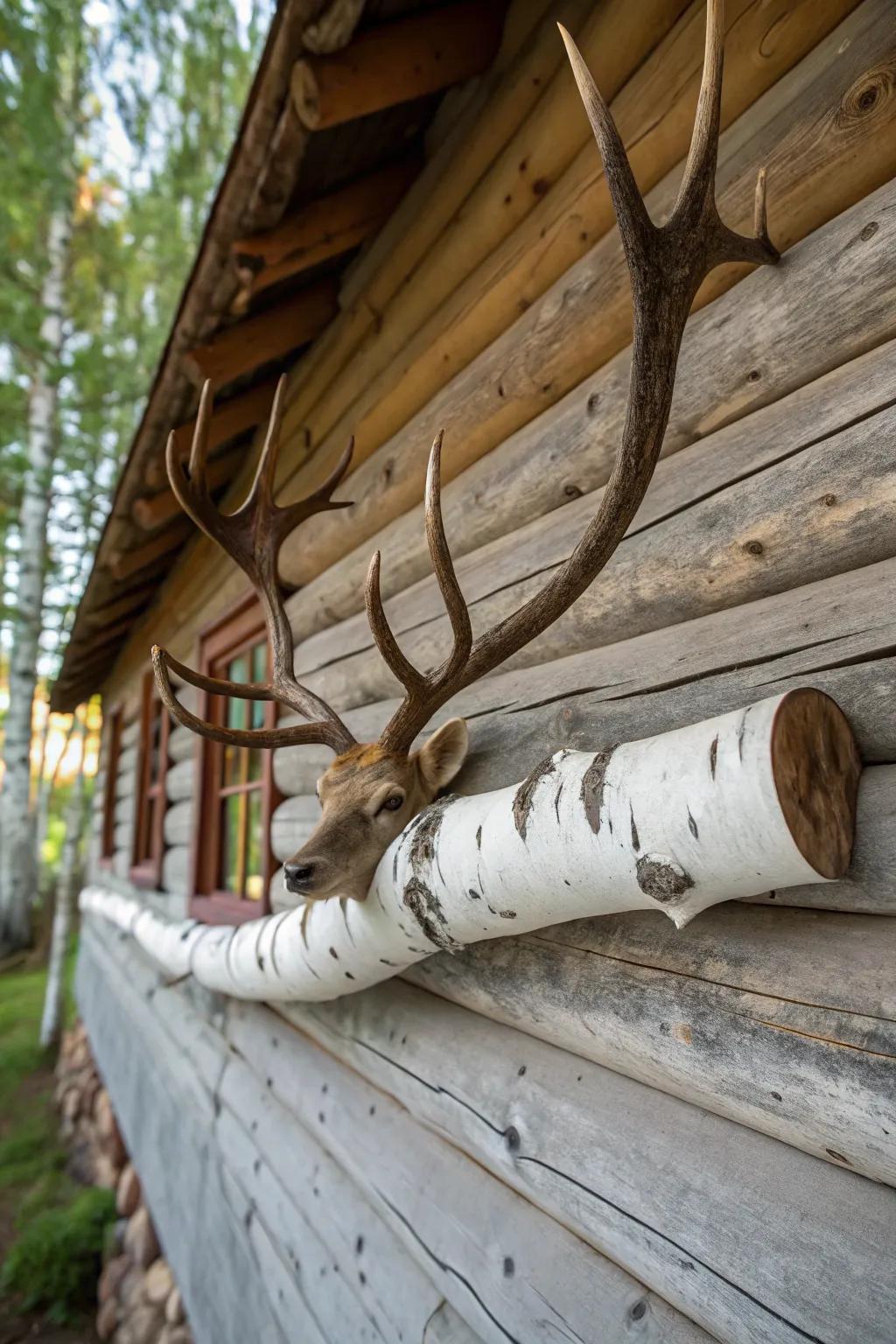 Deer antlers displayed on an arctic logs provide a warm lodge atmosphere to a comfortable cottage wall.