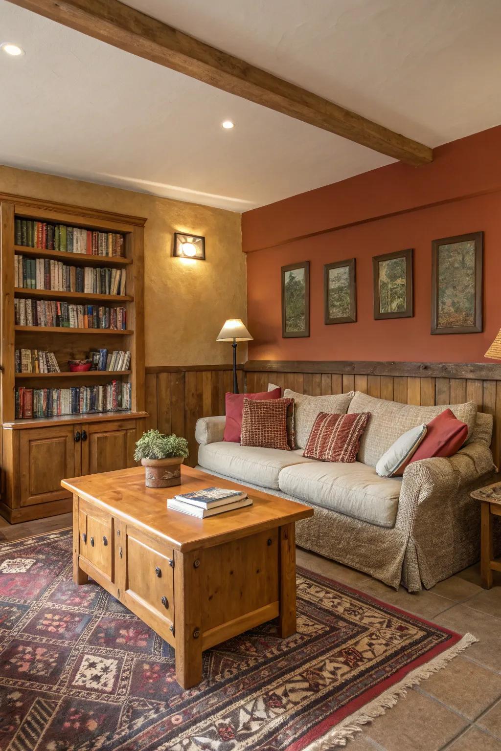 A den featuring a comforting and welcoming color theme.