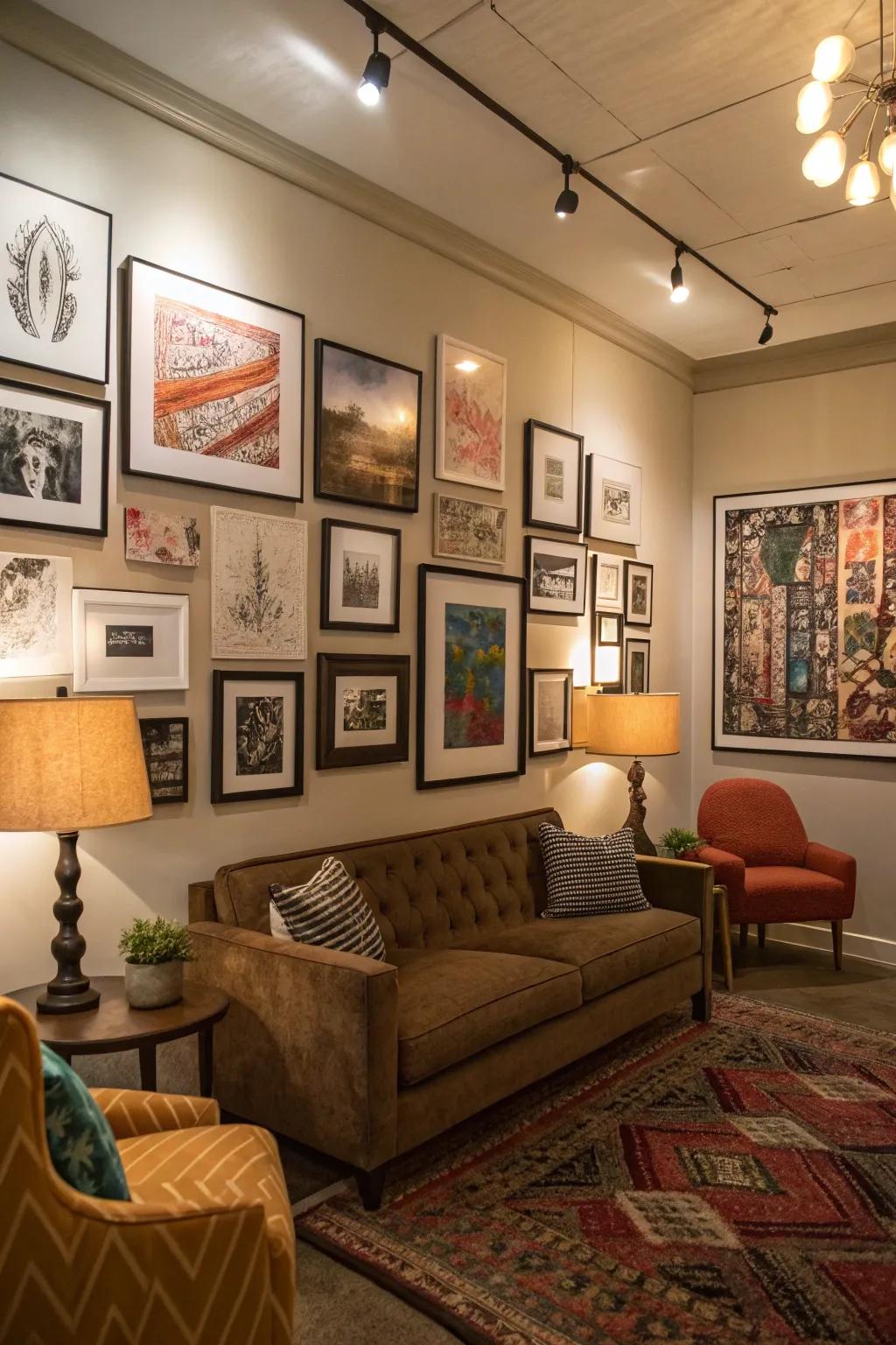 A den showcasing a personalized gallery wall with diverse artworks.