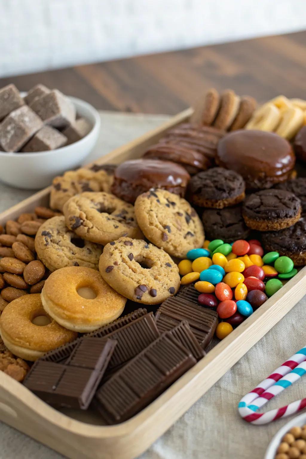 A dessert board featuring a bonanza of biscuits, pastries, and treats in natural hues.