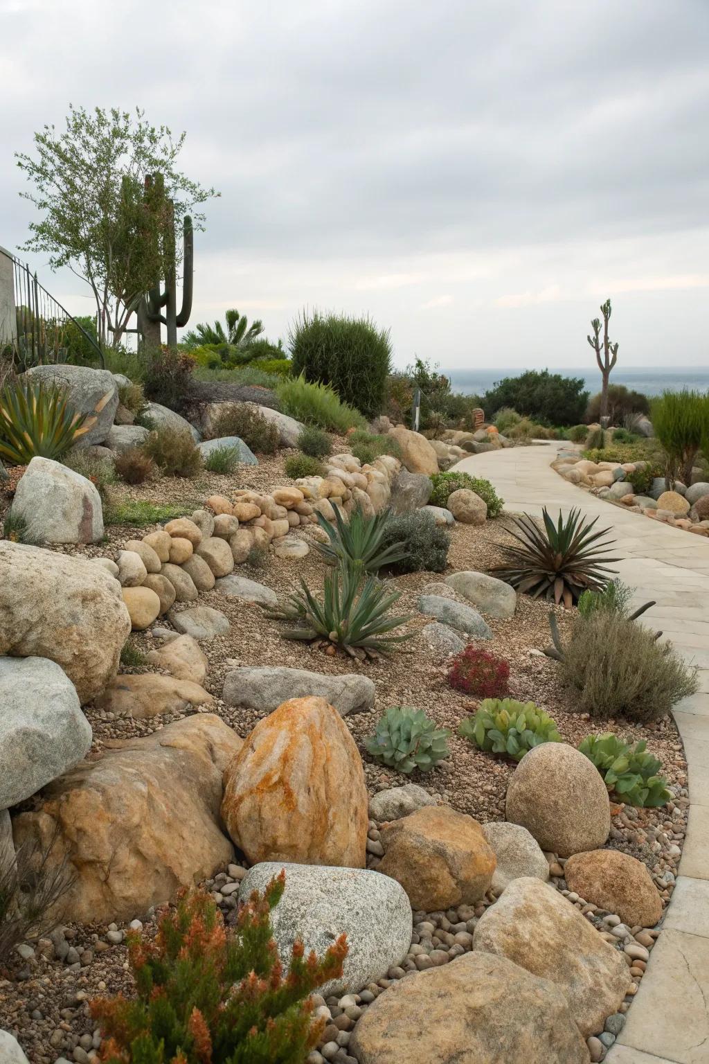 An artfully designed rock garden that blends seamlessly with its desert surroundings.