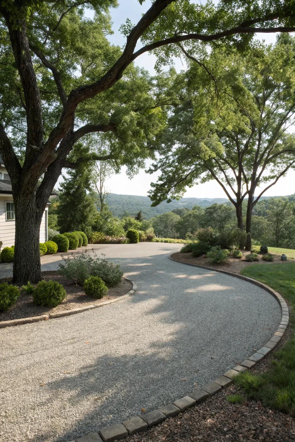 This gravel driveway radiates rustic appeal while harmonizing effortlessly with the surrounding nature.