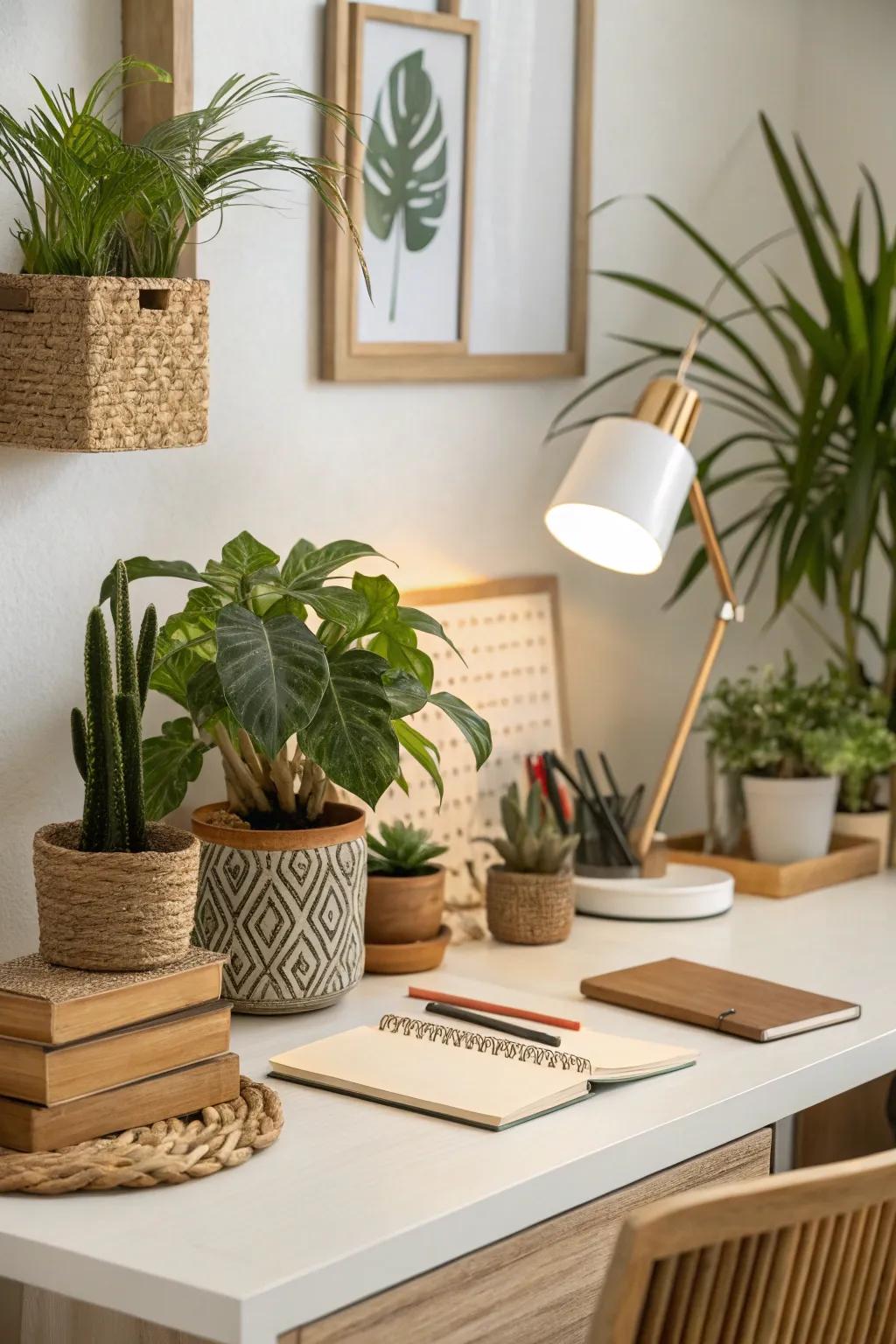 Organic accents infuse your workspace with peace.