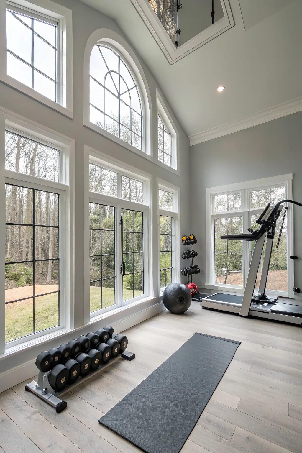 A modern gym space featuring clean designs and abundant light for an uplifting fitness setting.