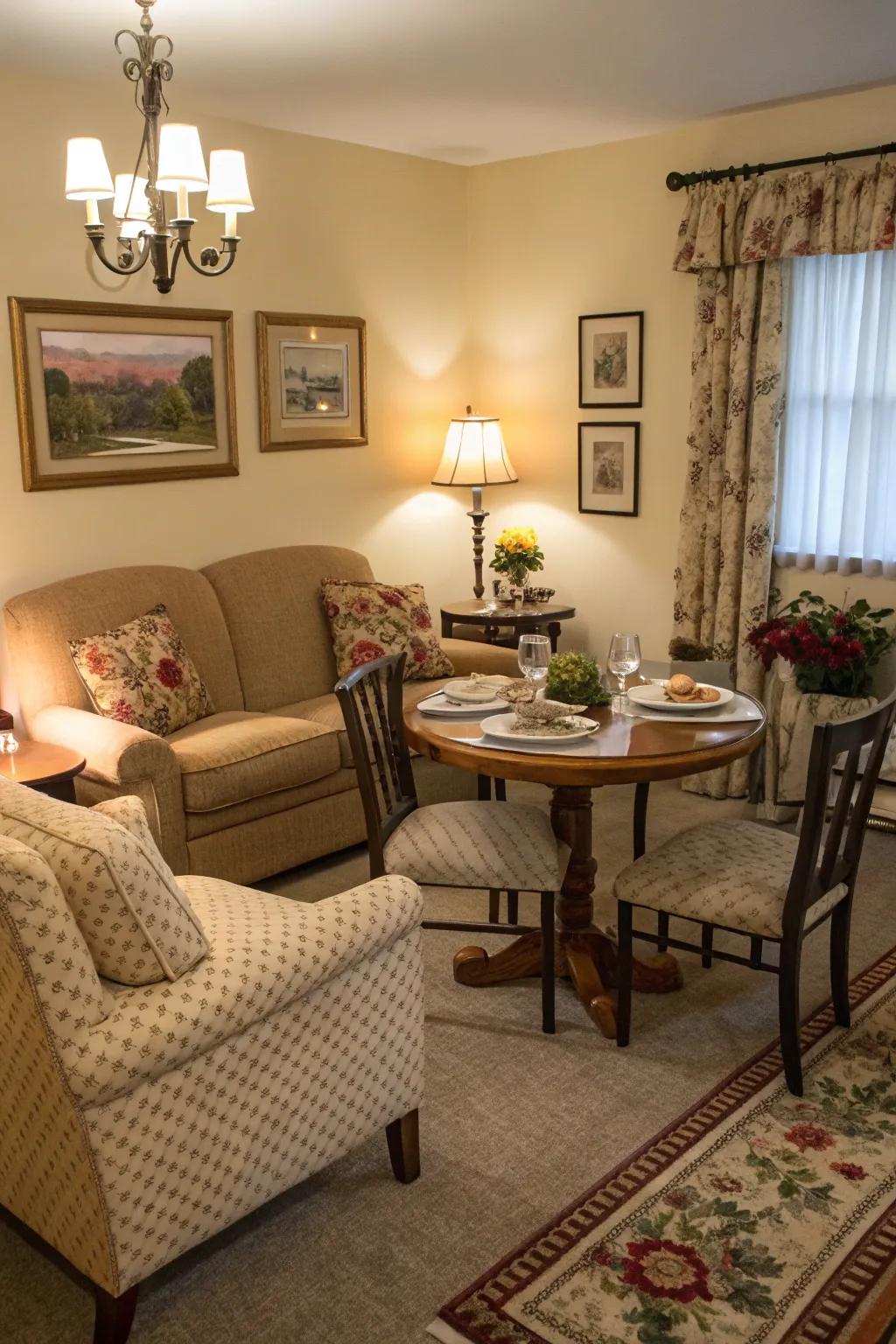 A corner table in the living room offers a casual dining option.
