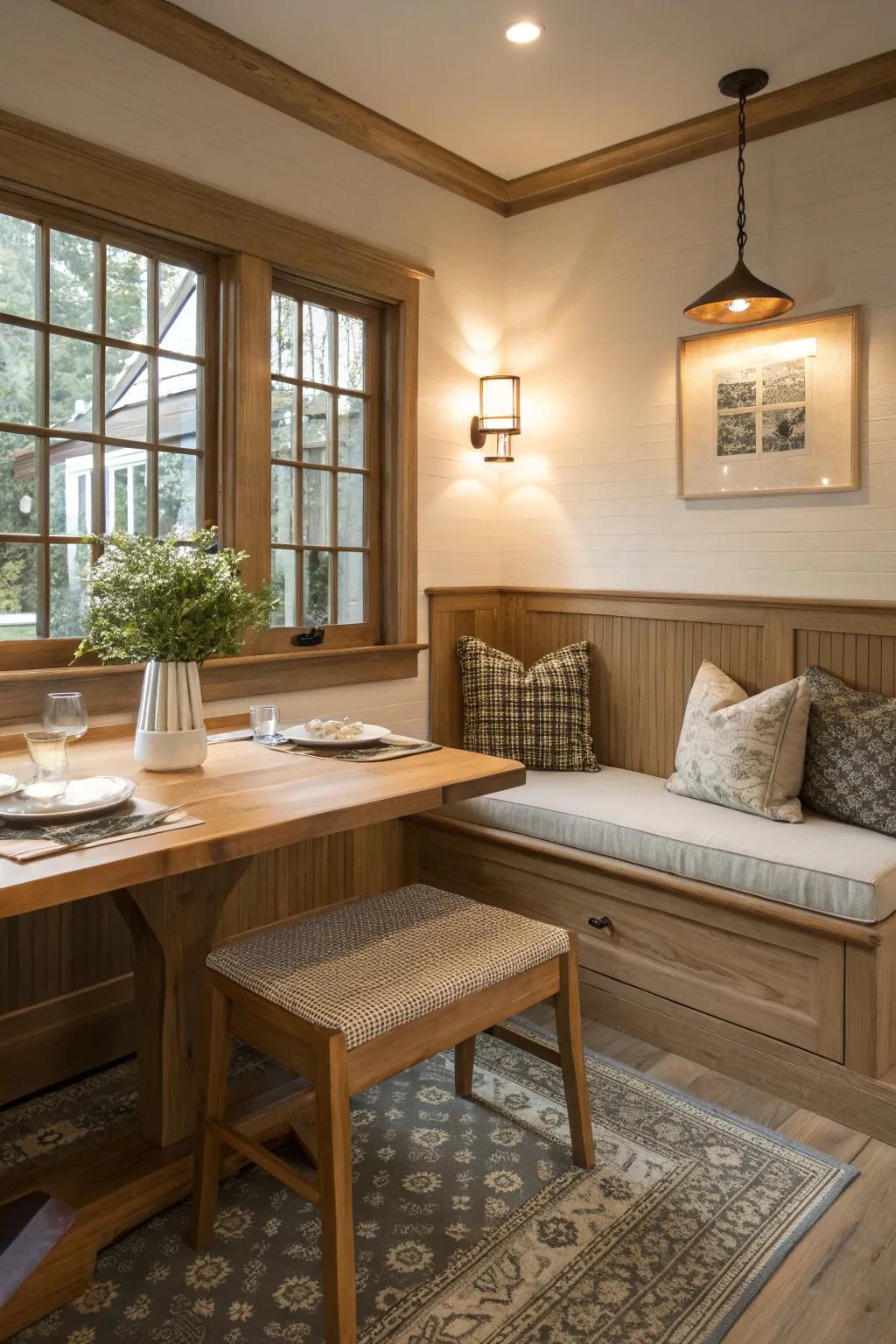 Space-saving integrated seating turns corners into appealing dining spots.