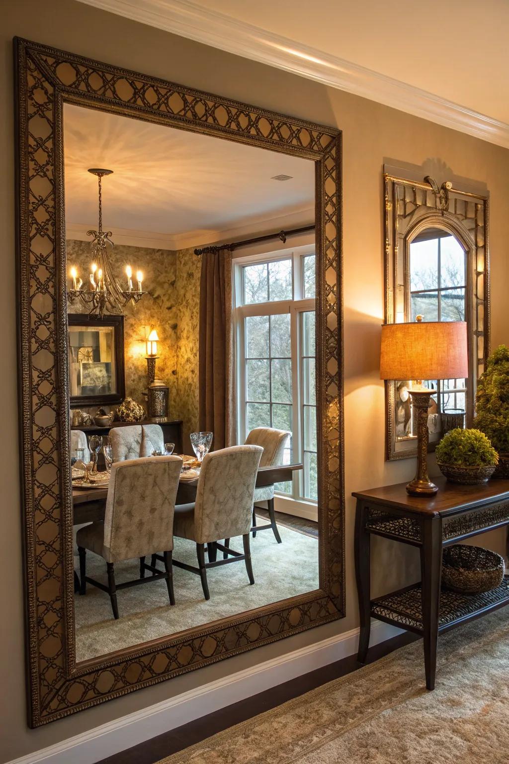 An ornamental mirror enhances the glow and area of the dining space.