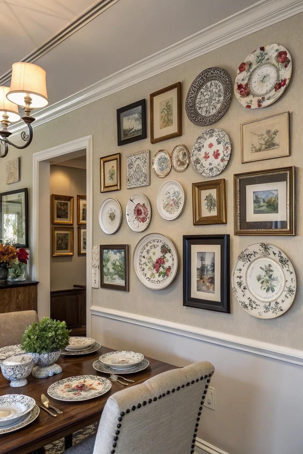 Integrate plates alongside artwork to create a distinctive gallery style wall.