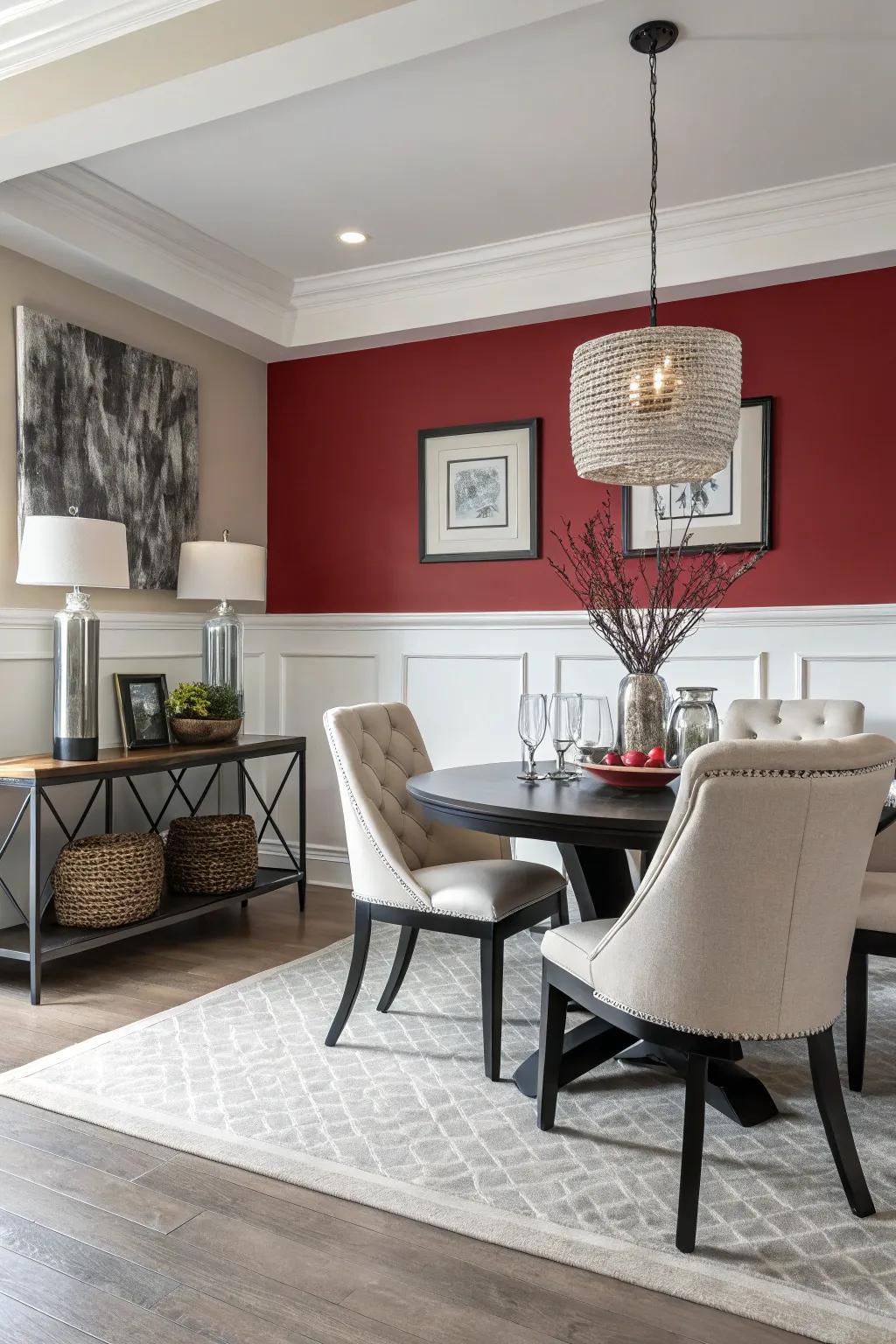 A bold color below the chair rail creates a striking and modern look.