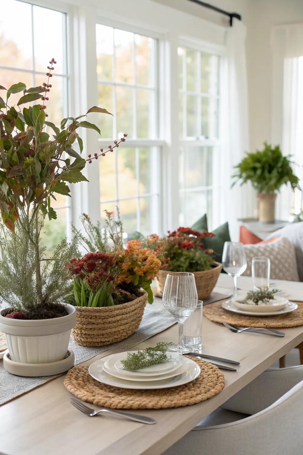 A dining table enriched with planted greenery and seasonal leaves.