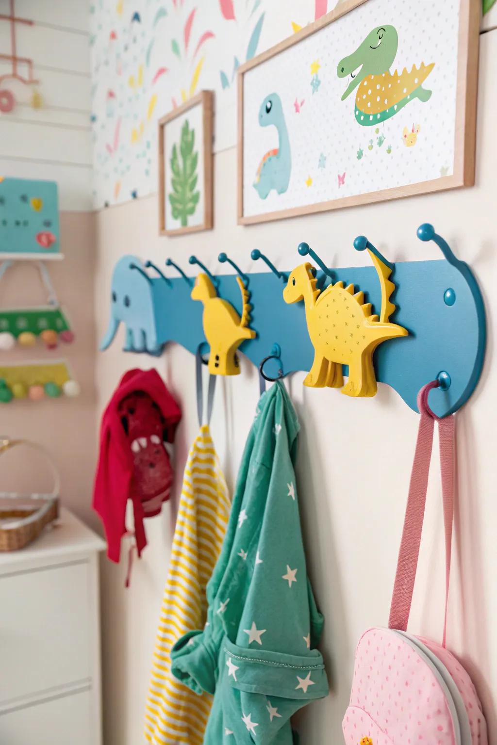 Lizard-shaped wall hangers adding charm and usefulness.