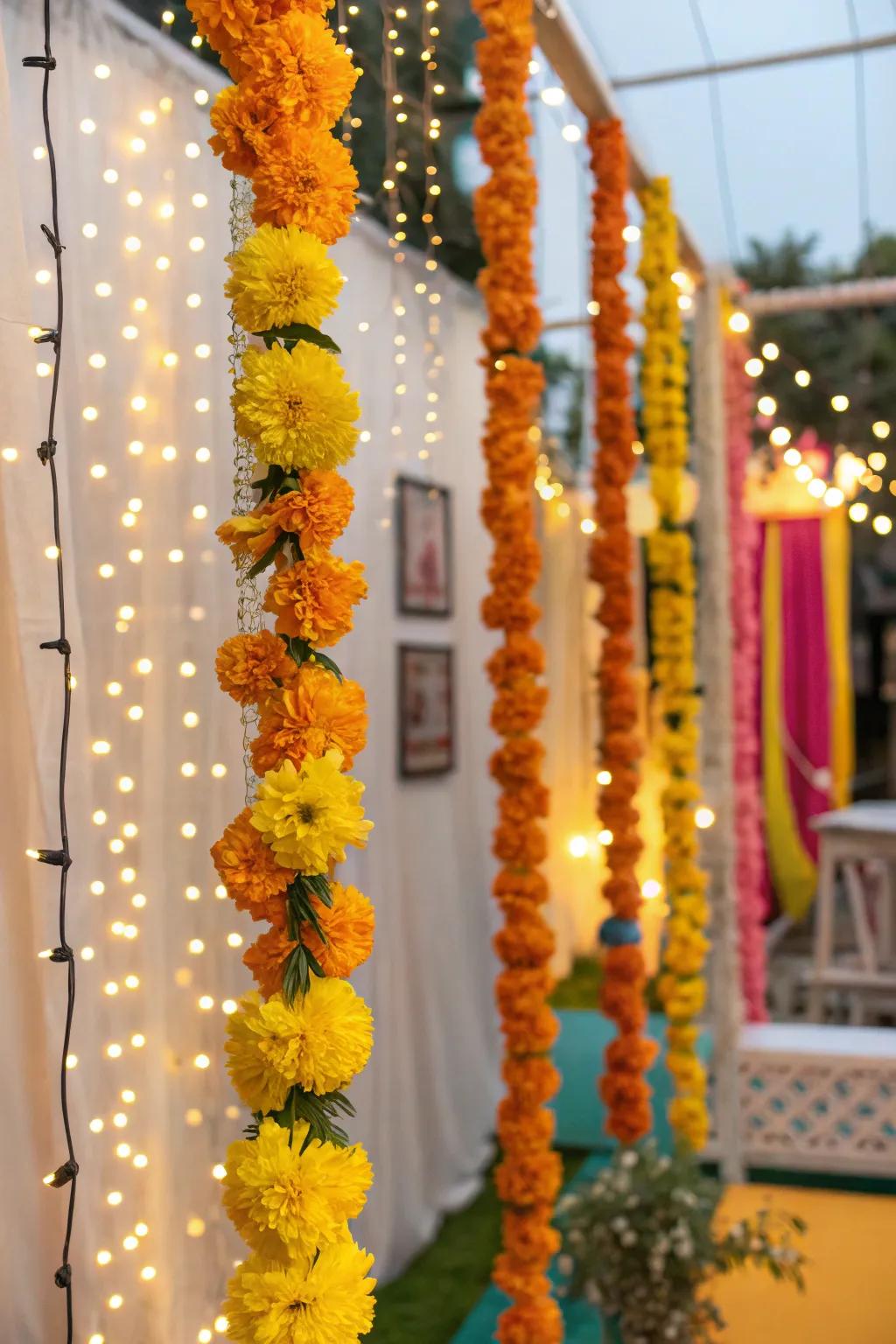Lively sun-kissed flowers matched with twinkling fairy lights.