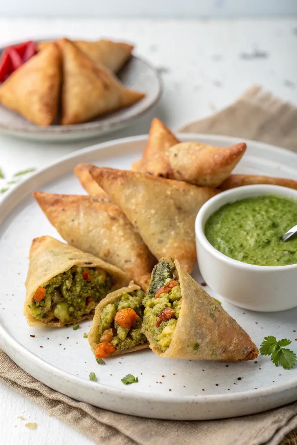 An updated perspective on triangle pastries, showcasing a supergrain and veggie filling served alongside fresh dip.