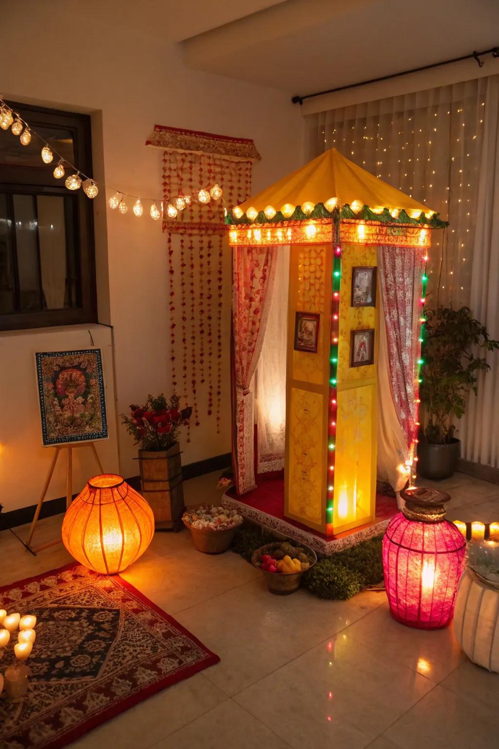 Conventional illuminated globes projecting a cozy radiance within the Diwali picture corner.