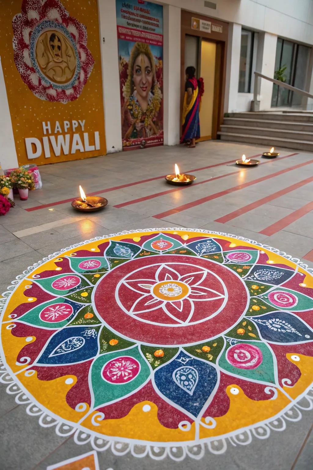 A festive Diwali poster with a colorful rangoli design.