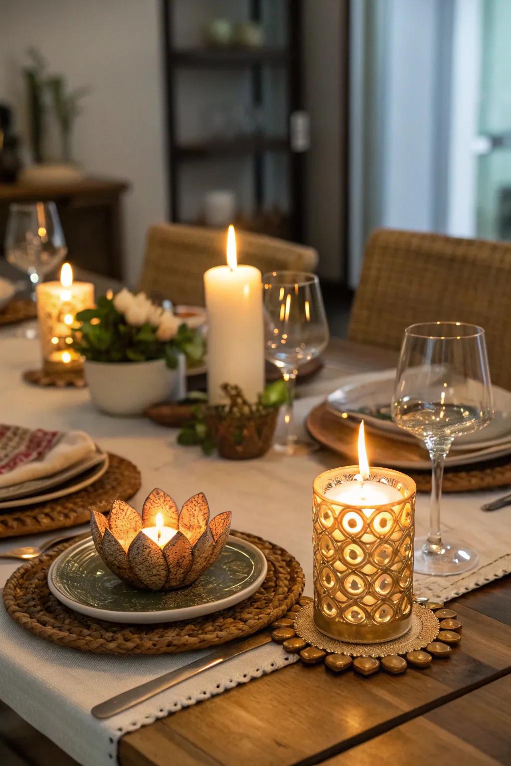Illuminations and traditional lamps generate a snug and inviting glow on the Diwali table.