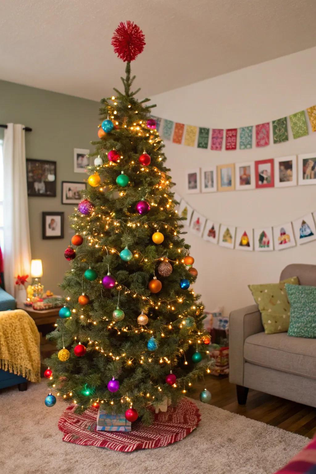 An explosion of color with a pom-pom topper.