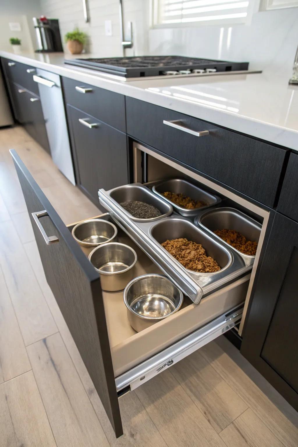 A kitchen cabinet featuring a retractable drawer, the perfect discreet storage solution for dog food.