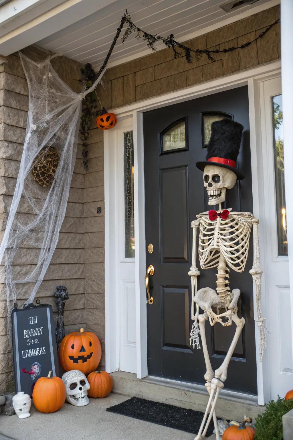 A skeleton extends greetings at this Halloween-inspired door.