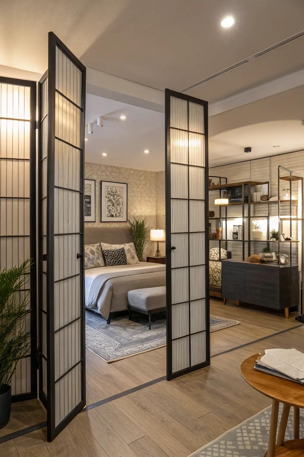 Folding screen doors offer a chic and adaptable way to partition your studio apartment.