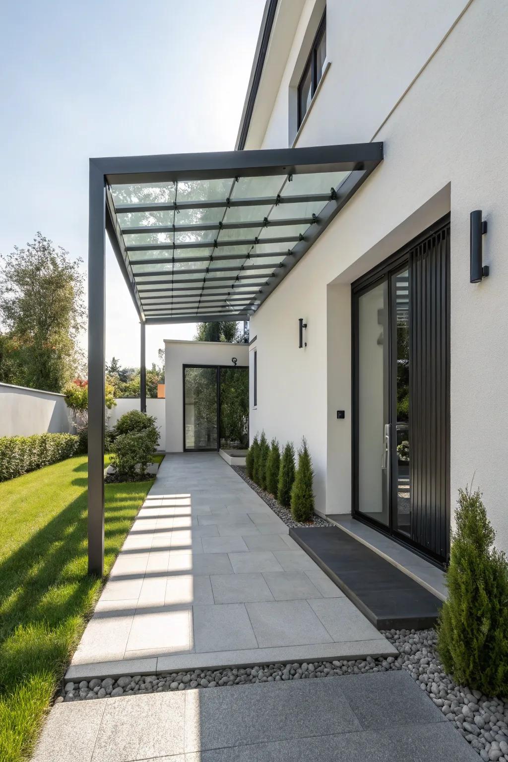 A modern home entrance featuring a sleek metal roof.