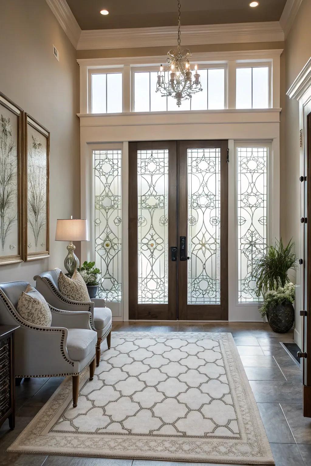 Transform door windows using ornamental crystals for enhanced seclusion and panache.
