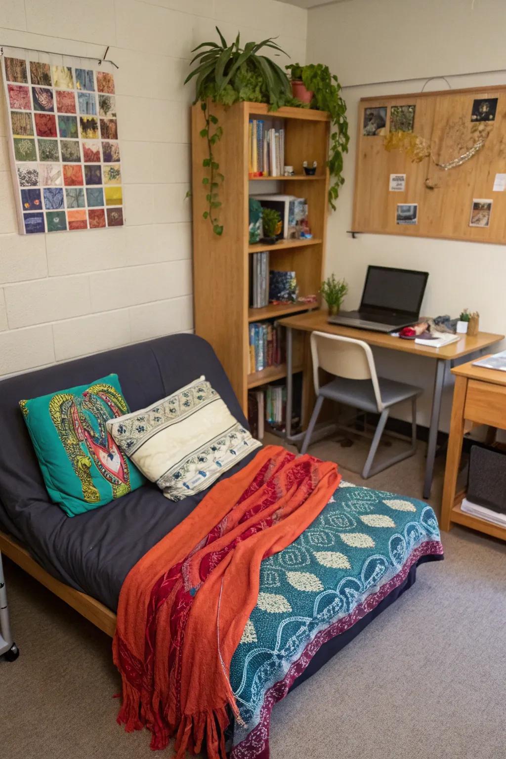 A convertible futon, perfect for both seating and sleeping solutions in smaller dorms.