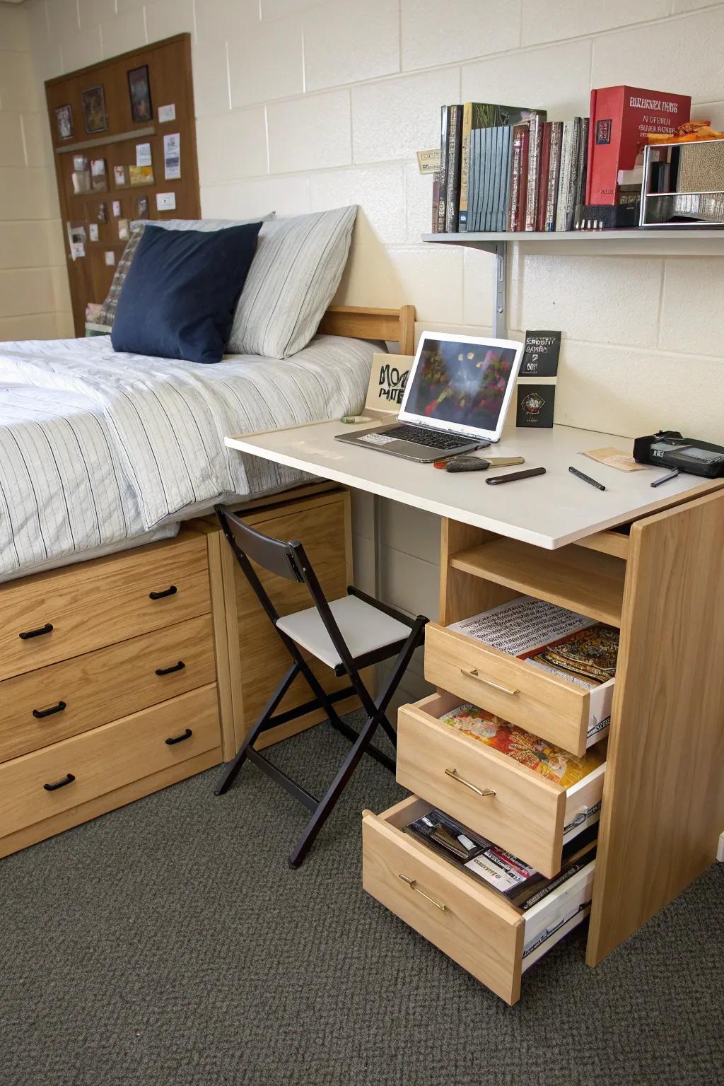 Multi-functional furniture is the key to a well-designed dorm setup.