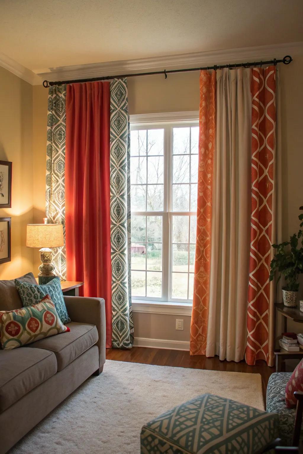 Double curtains featuring a mix of designs and solids bring intrigue to this lounge.