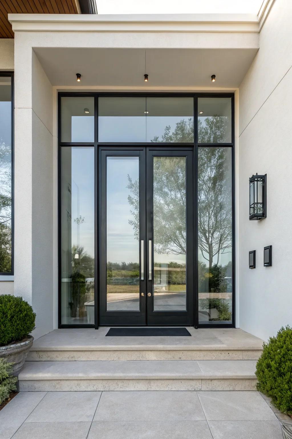 Up-to-date glass panel doors brightening the entryway with natural illumination.