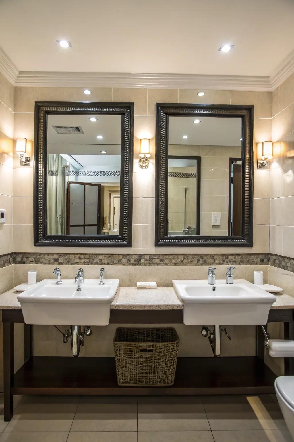 A balanced bathroom design with perfectly aligned double sinks and mirrors.