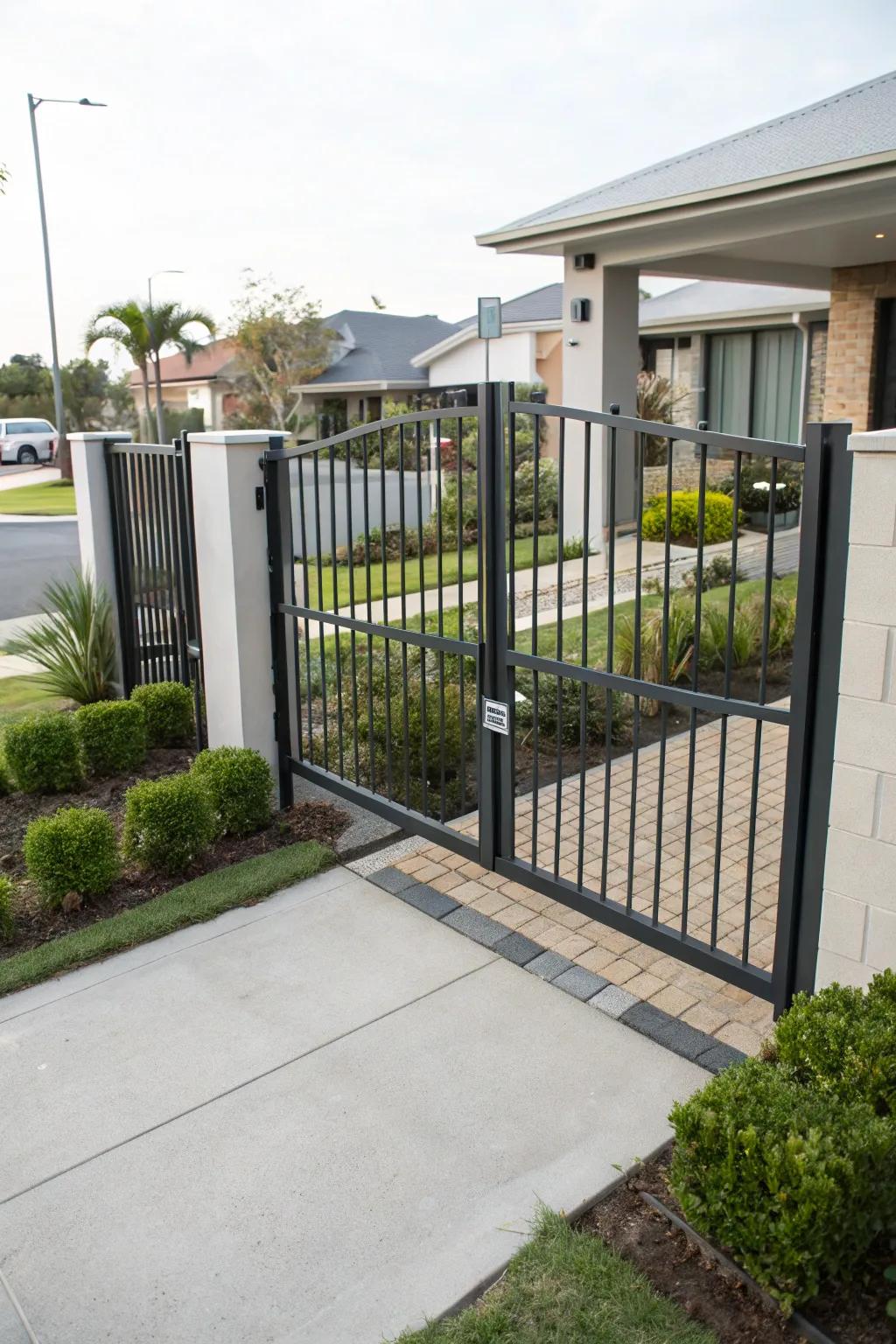 A sleek metal double swing gate enhancing the entrance of a contemporary home.