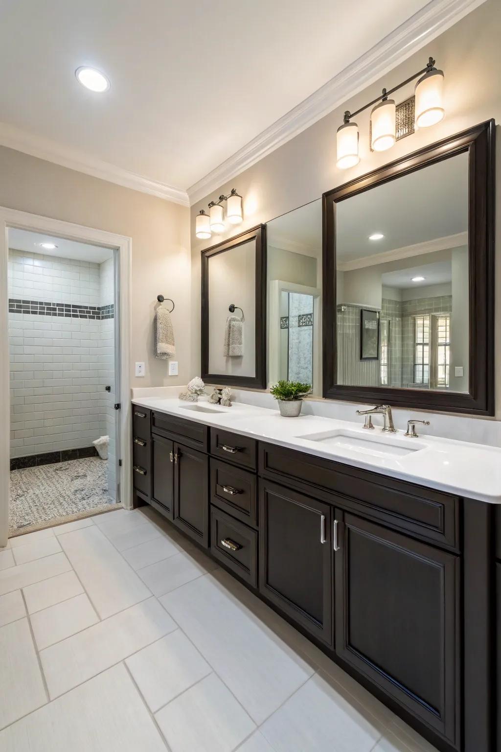 A double vanity bathroom highlighted by a gentle color palette and striking dark cabinetry.
