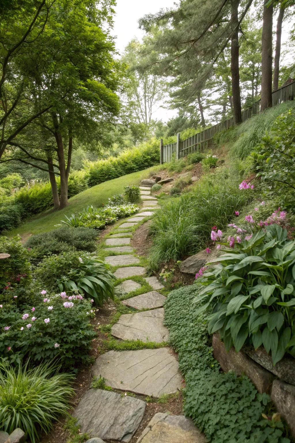 Stone footpaths merge practicality with countryside charm in a sloped garden.