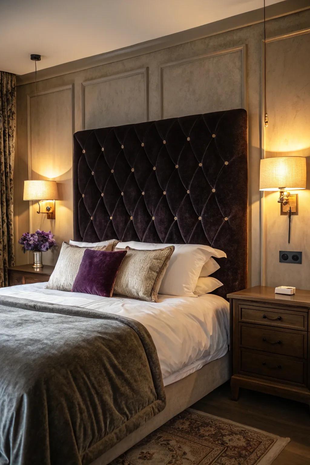 A velvet headboard introduces an element of luxury and comfort to your bedroom.