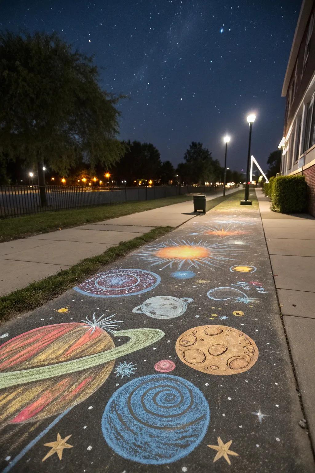 A chalk galaxy transforms the pavement into a cosmic journey.