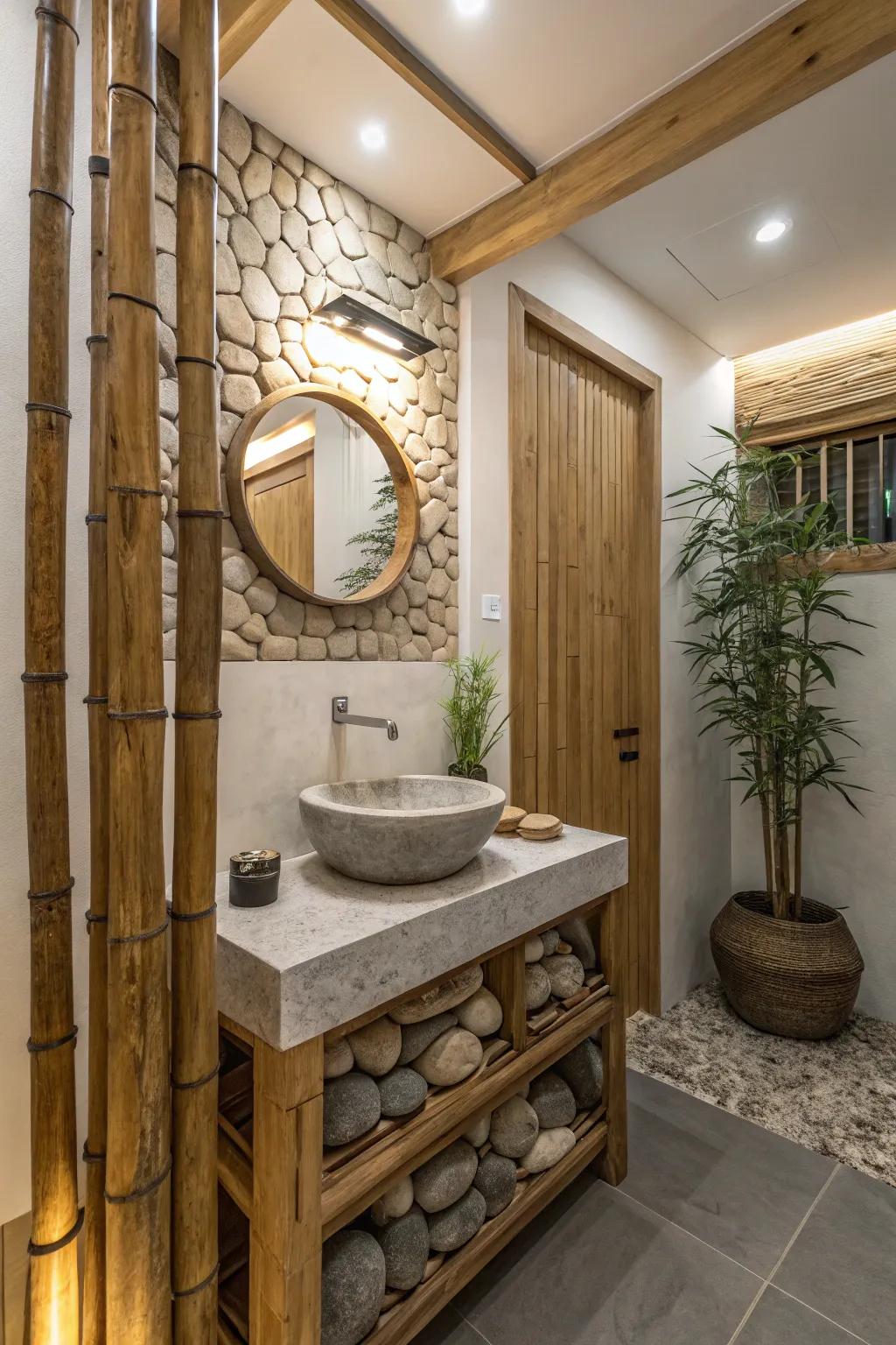 Authentic materials fashion a tranquil and harmonious bathroom setting.